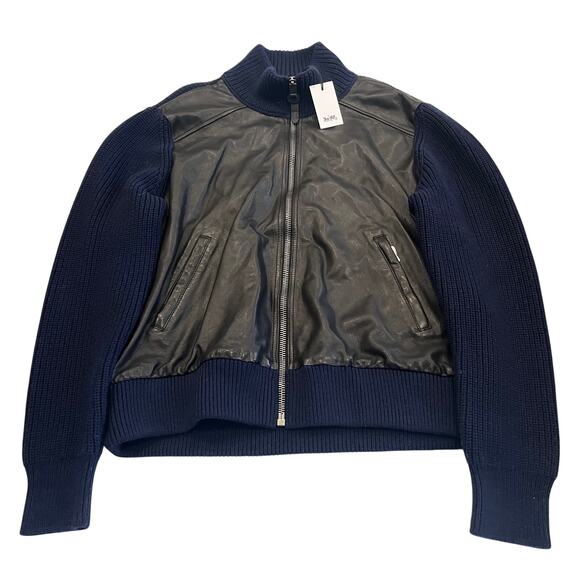 R8 COACH Men's Zip Leather Sweater Jacket Wool Knit Black/Navy XL